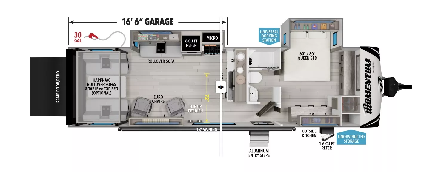 34' 2021 Grand Design Momentum 28G w/2 Slides & Generator  - Toy Hauler Floorplan
