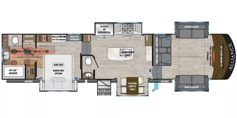 43' 2021 Alliance RV Paradigm 385FL w/5 Slides & Generator Floorplan