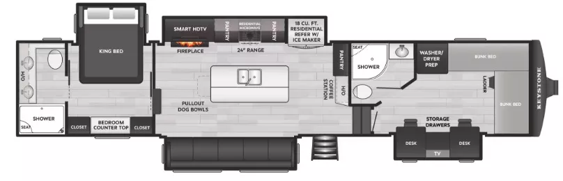43' 2026 Keystone Montana High Country 397FB w/4 Slides - Bunk House Floorplan