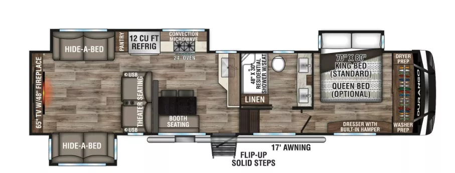 37' 2021 K-Z Durango 326RLT w/3 Slides Floorplan