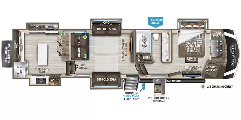 42' 2022 Grand Design Solitude 390RK-R w/5 Slides Floorplan