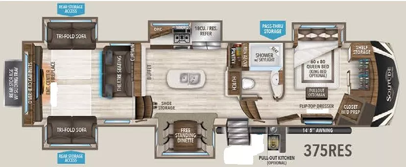 42' 2019 Grand Design Solitude 375RES-R w/5 Slides Floorplan