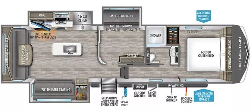38' 2024 Grand Design Reflection 324MBS w/3 Slides - Bunk House Floorplan