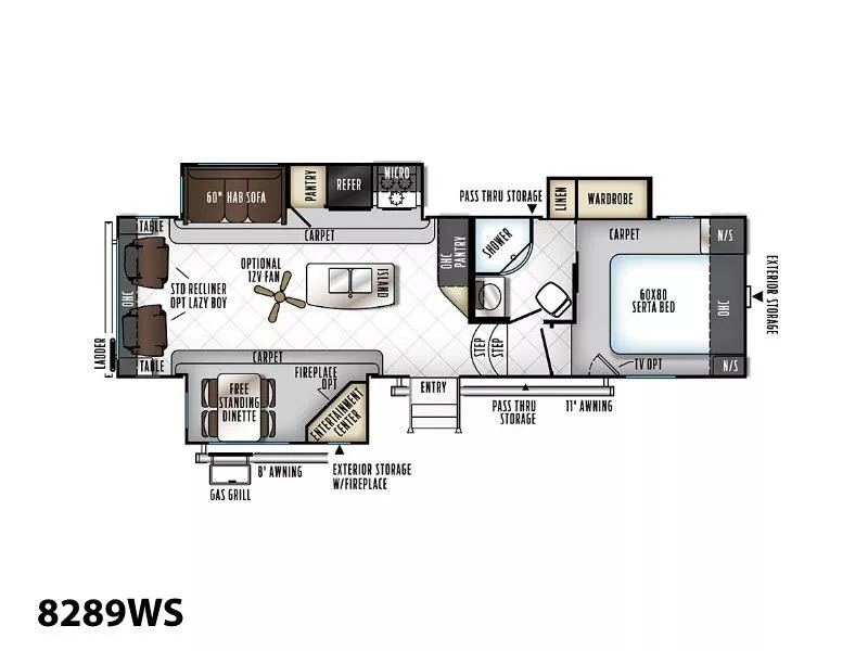 31' 2018 Forest River Rockwood 8289WS w/3 Slides Floorplan