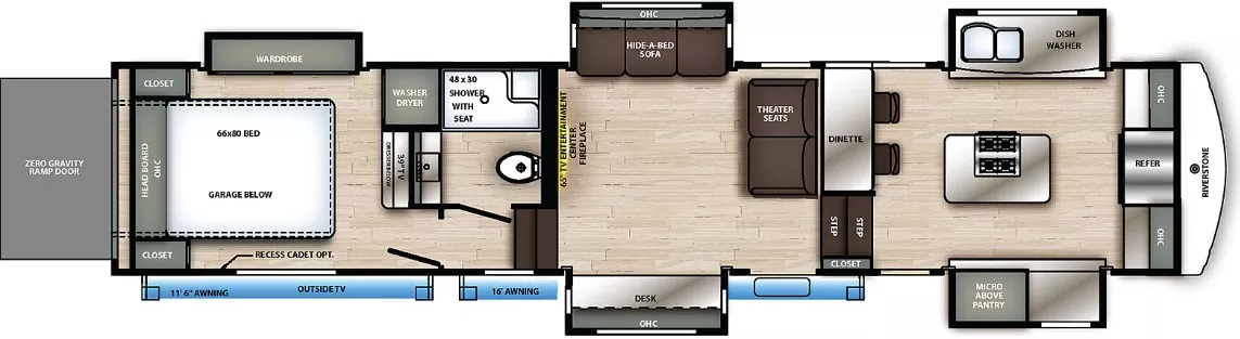 45' 2022 Forest River Riverstone Legacy 42FSKG w/5 Slides & Generator  - Toy Hauler Floorplan