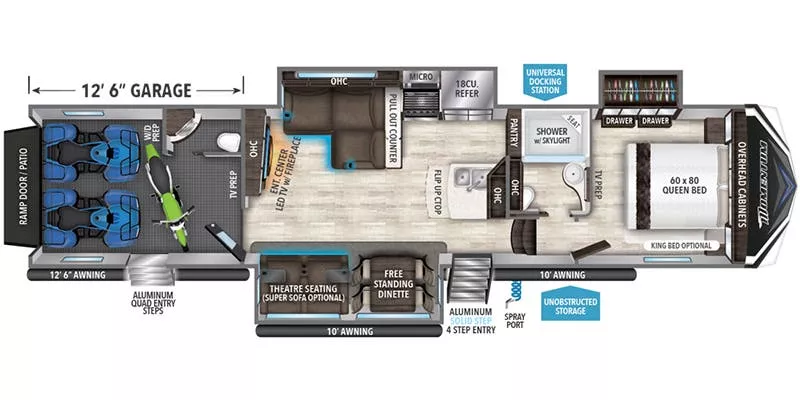 42' 2019 Grand Design Momentum 395M w/3 Slides & Generator  - Toy Hauler Floorplan