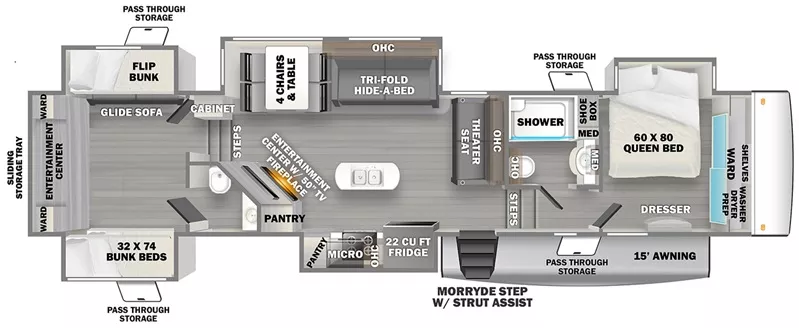 43' 2024 Forest River Sandpiper 388BHRD w/5 Slides - Bunk House Floorplan