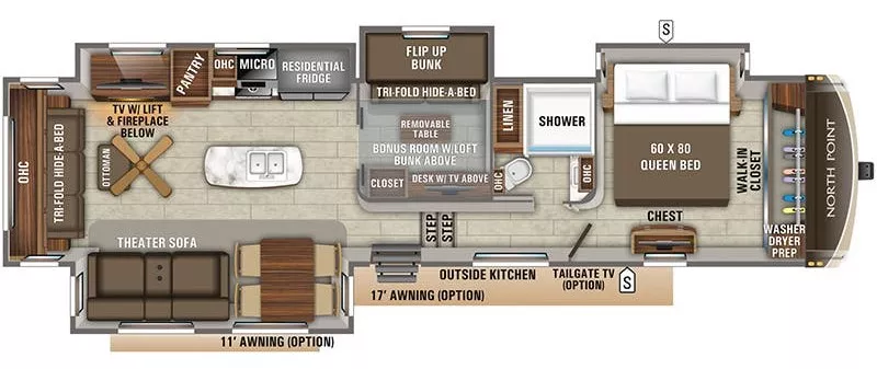 43' 2019 Jayco North Point 377RLBH w/4 Slides - Bunk House Floorplan