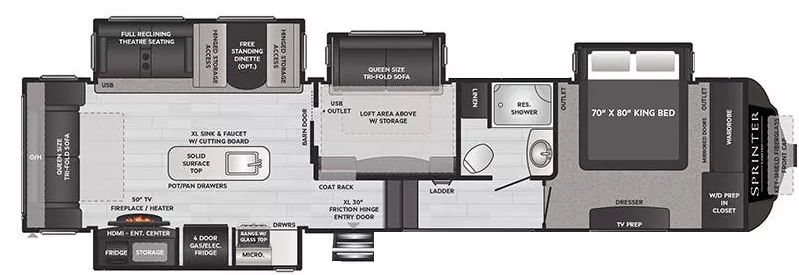 39' 2021 Keystone Sprinter Limited 3570LFT w/4 Slides Floorplan