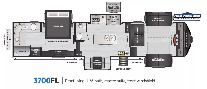 41' 2021 Keystone Alpine 3700FL w/5 Slides Floorplan