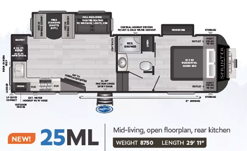 30' 2022 Keystone Sprinter 25ML w/2 Slides Floorplan