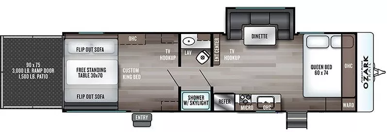 32' 2020 Forest River Ozark 2700THX w/Slide - Toy Hauler Floorplan