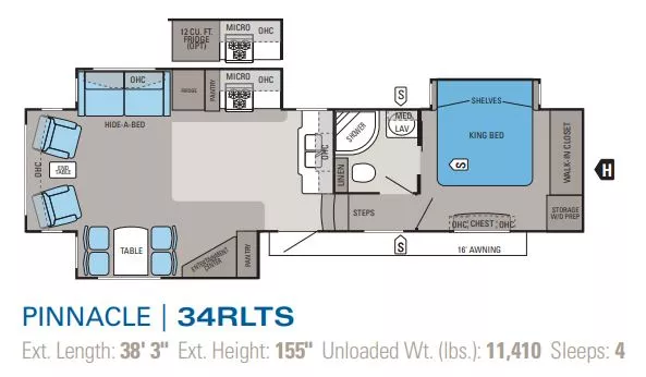 39' 2012 Jayco Pinnacle 34RLTS w/3 Slides & Generator Floorplan