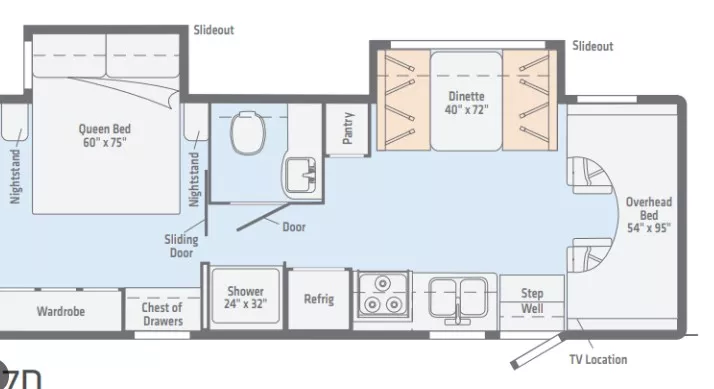 29' 2019 Winnebago Outlook 27D w/Slide Floorplan