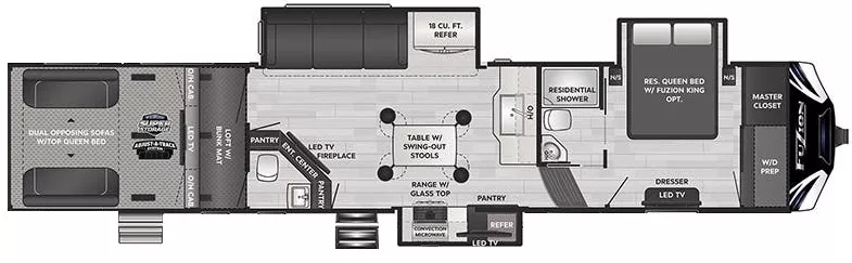 44' 2021 Keystone Fuzion 427 w/2 Slides & Generator  - Bunk House Floorplan