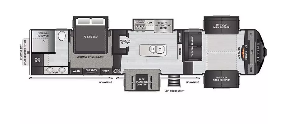 42' 2022 Keystone Alpine M-3712KB w/5 Slides Floorplan