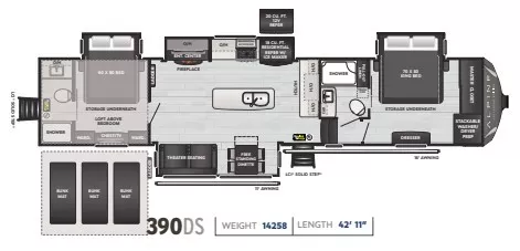 42' 2025 Keystone Alpine Avalanche 390DS w/4 Slides Floorplan