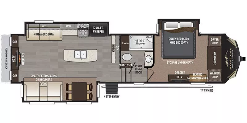 34' 2018 Keystone Montana High Country 310RE w/3 Slides Floorplan