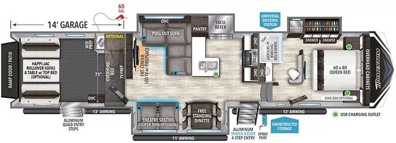 44' 2023 Grand Design Momentum M Class 395MS w/3 Slides - Toy Hauler - Bunk House Floorplan