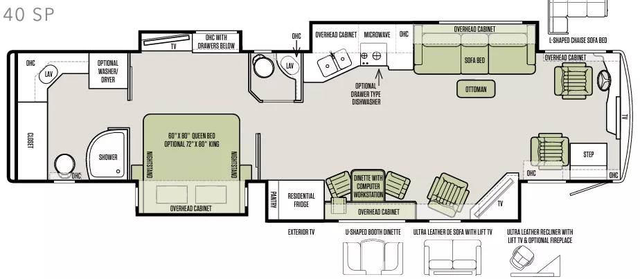 40' 2018 Tiffin Allegro Bus 40SP 450hp N/A w/4 Slides Floorplan