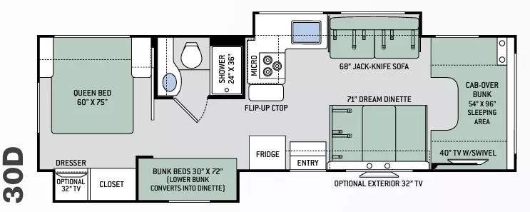 32' 2019 Thor Four Winds 30D w/2 Slides - Bunk House Floorplan