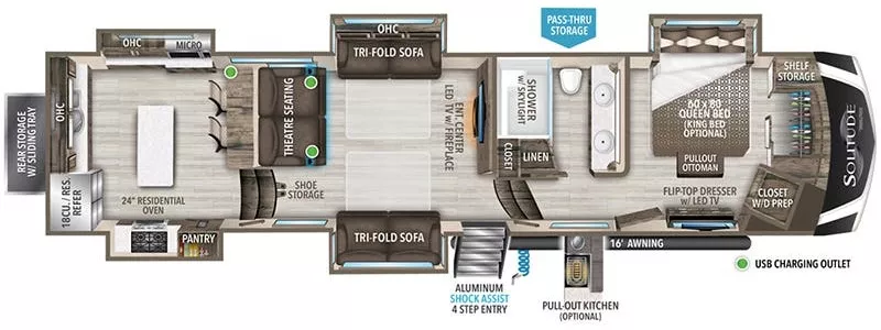 41' 2022 Grand Design Solitude 390RK-R w/5 Slides Floorplan