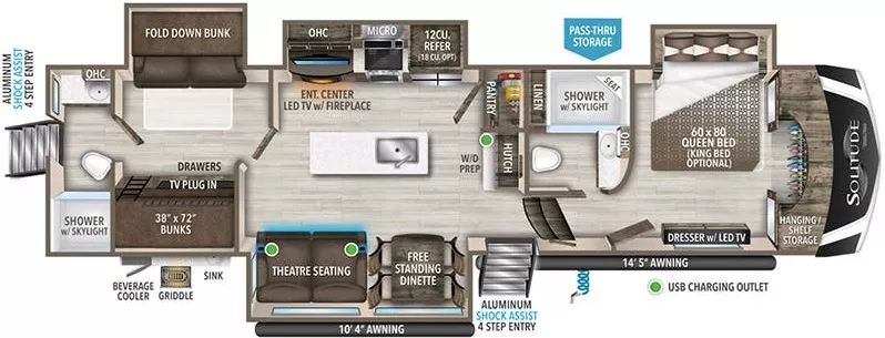 40' 2022 Grand Design Solitude 3950BH w/4 Slides - Bunk House Floorplan