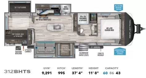 37' 2021 Grand Design Reflection 312BHTS w/3 Slides - Bunk House Floorplan