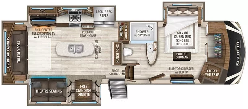 35' 2018 Grand Design Solitude 310GK w/3 Slides Floorplan