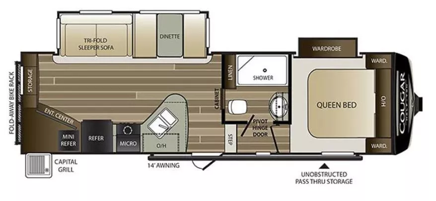 28' 2018 Keystone Cougar X Lite Series 25RES w/2 Slides Floorplan