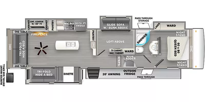 40' 2022 Forest River Sandpiper 3660MB w/4 Slides - Bunk House Floorplan