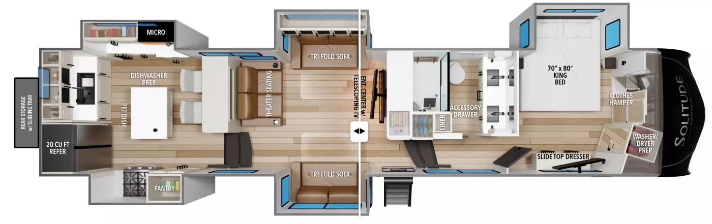 41' 2023 Grand Design Solitude 390RK w/5 Slides & Generator Floorplan