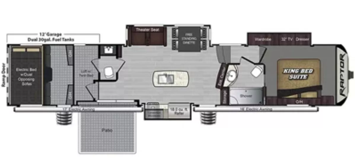 44' 2018 Keystone Raptor 428SP w/3 Slides - Toy Hauler Floorplan