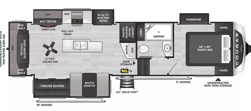 35' 2025 Keystone Cougar 290RLS w/3 Slides Floorplan