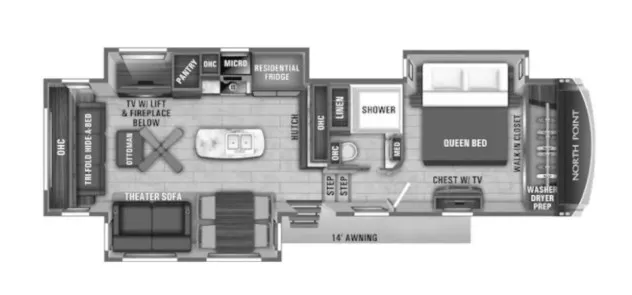 39' 2018 Jayco North Point 315RLTS w/3 Slides Floorplan