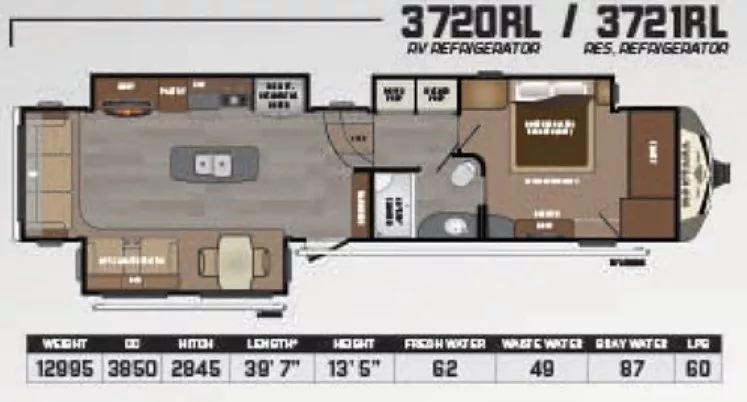 40' 2017 Keystone Montana 3721RL w/3 Slides Floorplan