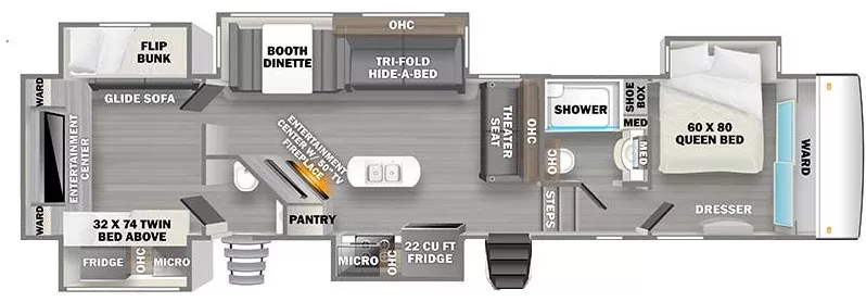 42' 2022 Forest River Sandpiper Luxury 384 QBOK w/5 Slides - Bunk House Floorplan