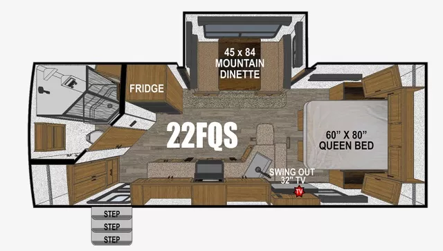 26' 2023 Outdoors RV Timber Ridge 22FQS w/Slide Floorplan