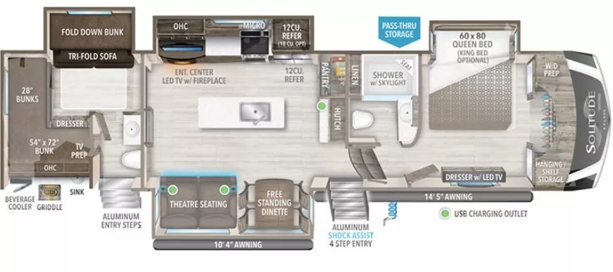 40' 2022 Grand Design Solitude 3740BH w/4 Slides & Generator Floorplan
