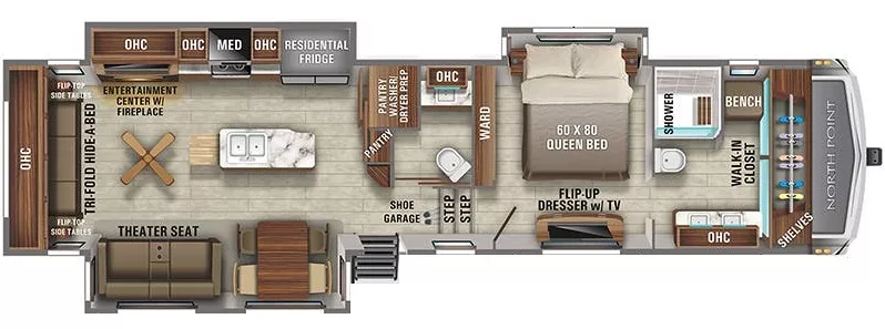 43' 2021 Jayco North Point 387FBTS w/3 Slides Floorplan