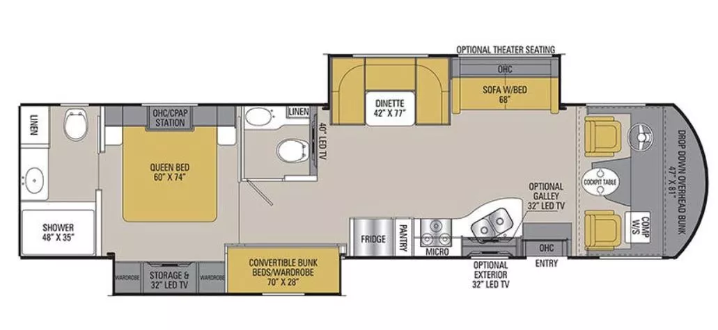 36' 2019 Coachmen Mirada 35BH w/2 Slides - Bunk House Floorplan