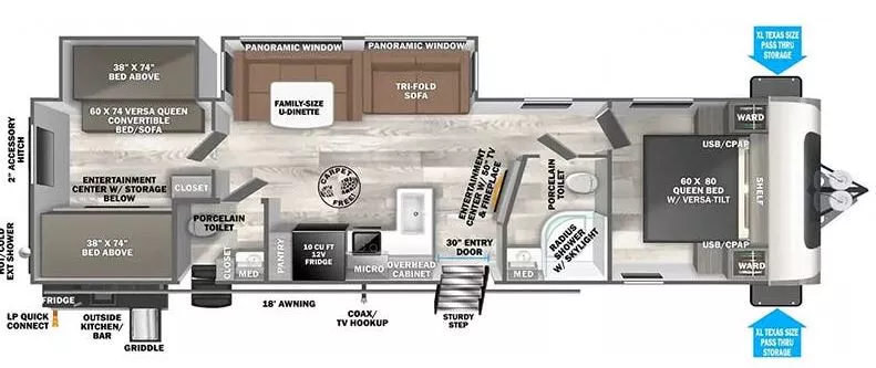 39' 2025 Forest River Wildwood Heritage Glen 314BUD w/2 Slides Floorplan