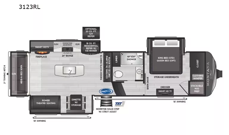 35' 2024 Keystone Montana 3123RL w/3 Slides Floorplan