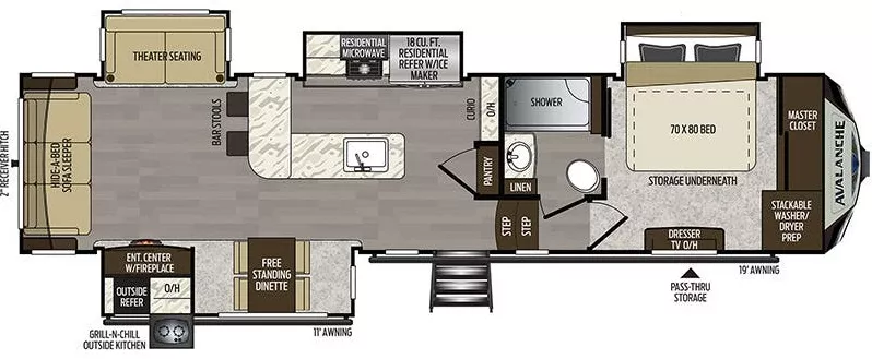 38' 2020 Keystone Avalanche 339GK w/4 Slides Floorplan