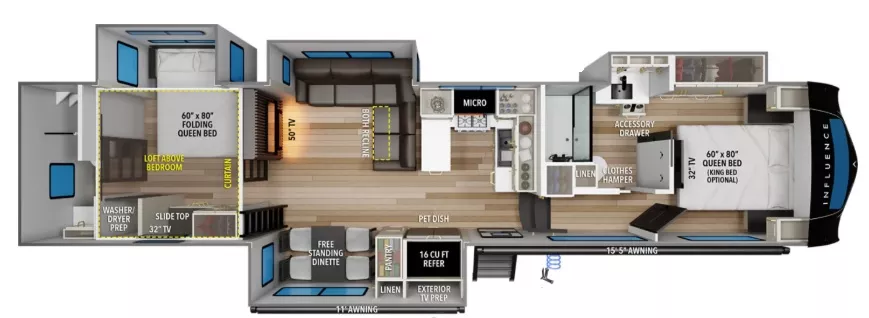 42' 2025 Grand Design Influence 3804DS w/4 Slides Floorplan