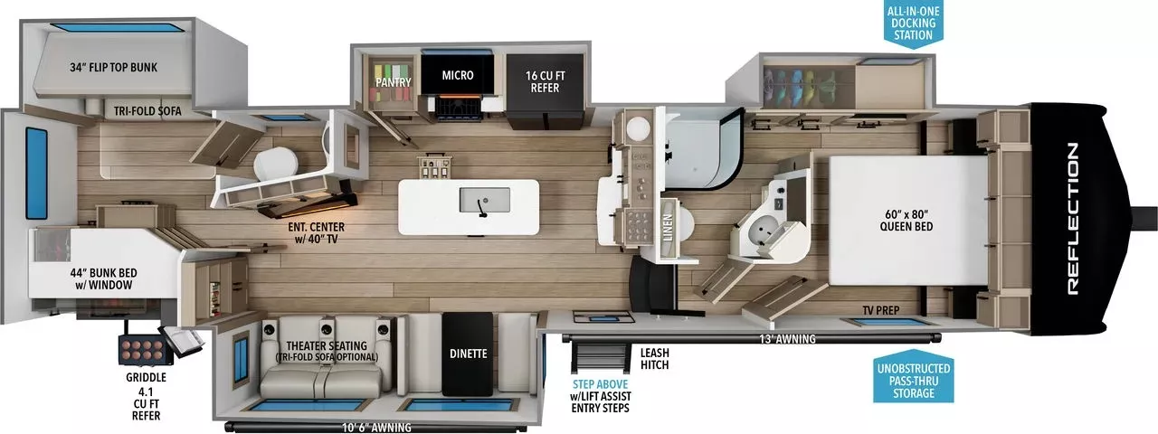 36' 2019 Grand Design Reflection 311BHS w/4 Slides Floorplan