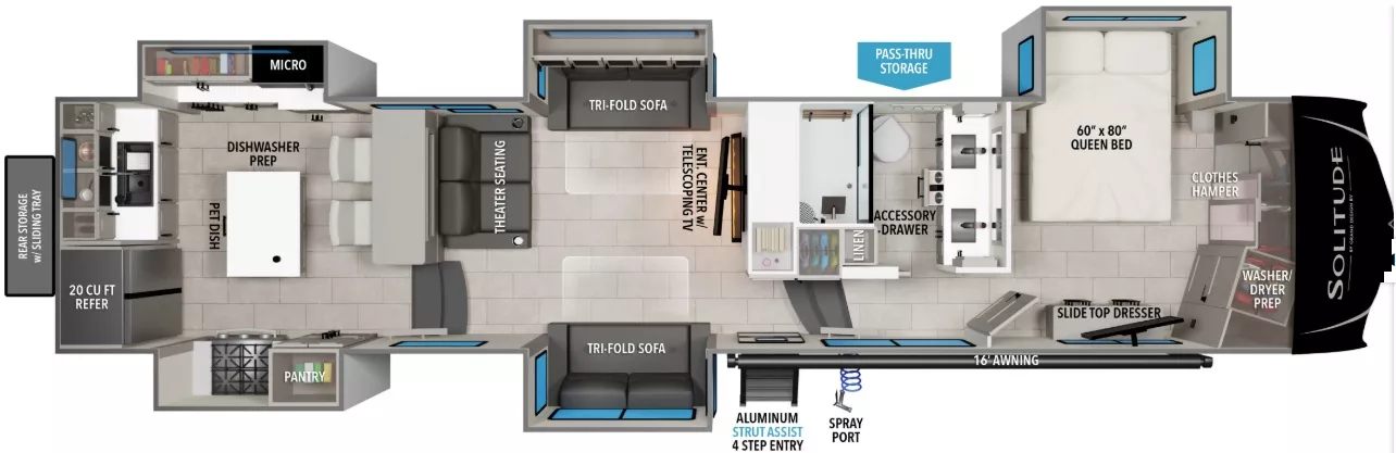 42' 2022 Grand Design Solitiude 390RK w/5 Slides Floorplan