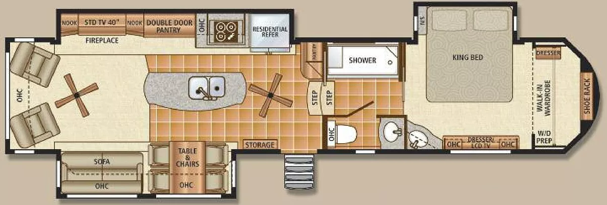 42' 2012 Forest River Dynamax Trilogy 3800D3 w/3 Slides Floorplan