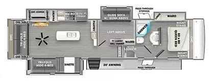 41' 2022 Forest River Sandpiper 3660MB w/4 Slides - Bunk House Floorplan