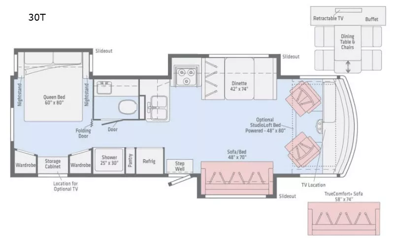 31' 2019 Winnebago Vista 30T w/3 Slides Floorplan